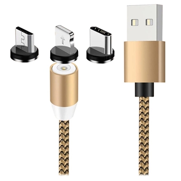 3-i-1 LED Magnetic Kabel - Lightning, USB-C, MicroUSB - 1m - Gull