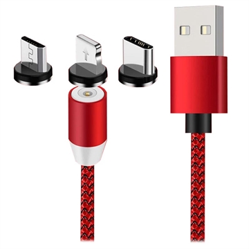 3-i-1 LED Magnetic Kabel - Lightning, USB-C, MicroUSB - 1m - Rød