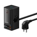 Baseus PowerCombo Digital Power Strip 65W m. inntrekkbar USB-C-kabel - 2xAC, USB-C, USB-A - Svart