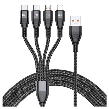 Nylonflettet Universell 4-i-1 USB-kabel - 66W, 2m - Svart