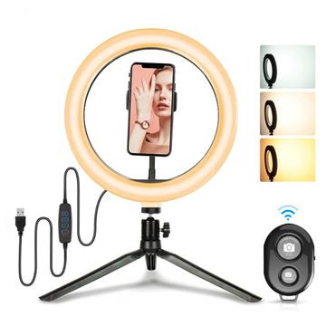 6 48-LED Selfie Ring Light + bordstativ + fjernutløser for direktesendt videoopptak