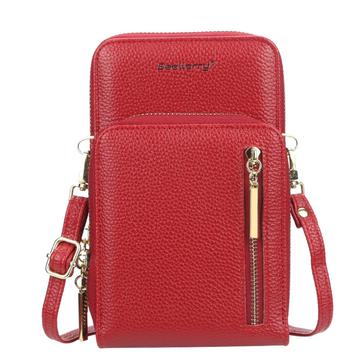 BAELLERRY N0110 Dobbeltlags lommebok med glidelås i PU-lær og mobiltelefonveske med skulderrem for kvinner - rød