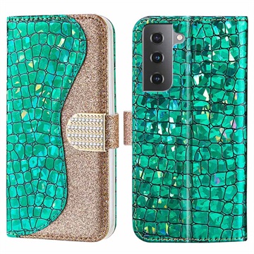 Croco Bling Series Samsung Galaxy S21 FE 5G Lommebok-deksel - Grønn