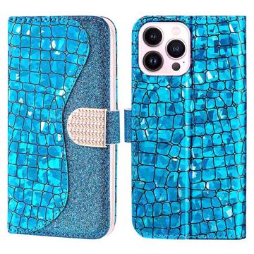 Croco Bling Series iPhone 14 Pro Lommebok-deksel - Blå