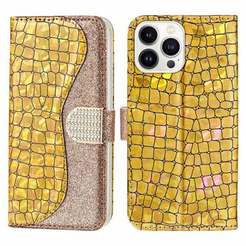 Croco Bling Series iPhone 14 Pro Lommebok-deksel - Gull