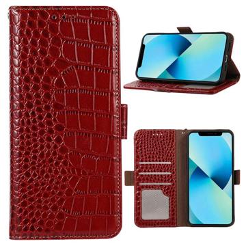 Crocodile Series iPhone 14 Lommebok-deksel i Lær med RFID - Rød