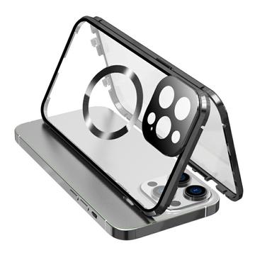 Dobbeltsidig herdet glass + magnetisk metallramme Anti-Drop Case for iPhone 15 Kompatibel med MagSafe Phone Cover med spennelås - Svart