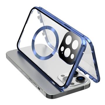 Dobbeltsidig herdet glass + magnetisk metallramme Anti-Drop Case for iPhone 15 Kompatibel med MagSafe Phone Cover med spennelås - mørkeblå