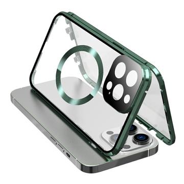 Dobbeltsidig herdet glass + magnetisk metallramme Anti-Drop Case for iPhone 15 Kompatibel med MagSafe Phone Cover med spennelås - grønn