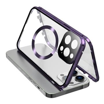 Dobbeltsidig herdet glass + magnetisk metallramme Anti-Drop Case for iPhone 15 Kompatibel med MagSafe Phone Cover med spennelås - Lilla