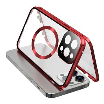 Dobbeltsidig herdet glass + magnetisk metallramme Anti-Drop Case for iPhone 15 Kompatibel med MagSafe telefondeksel med spennelås - rød