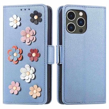 Bilde av Flower Decor Series Iphone 14 Pro Lommebok-deksel - Blå