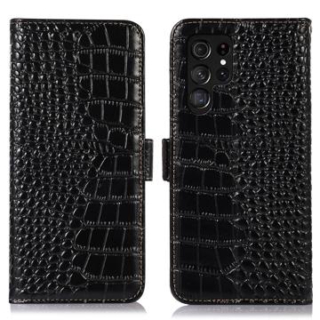 Crocodile Series Samsung Galaxy S23 Ultra 5G Lommebok-deksel i Lær med RFID - Svart