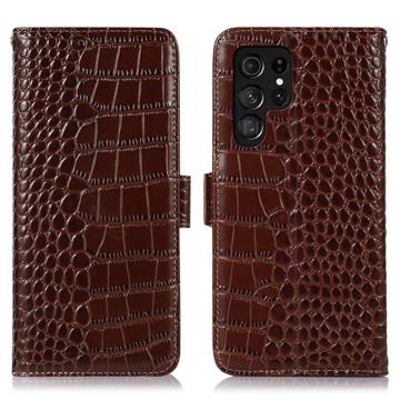 Crocodile Series Samsung Galaxy S23 Ultra 5G Lommebok-deksel i Lær med RFID - Brun