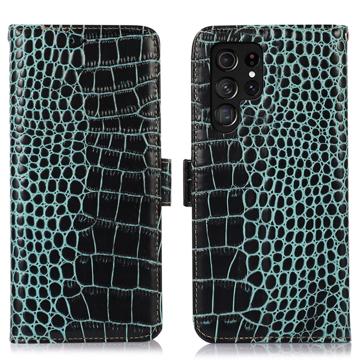 Crocodile Series Samsung Galaxy S23 Ultra 5G Lommebok-deksel i Lær med RFID - Grønn