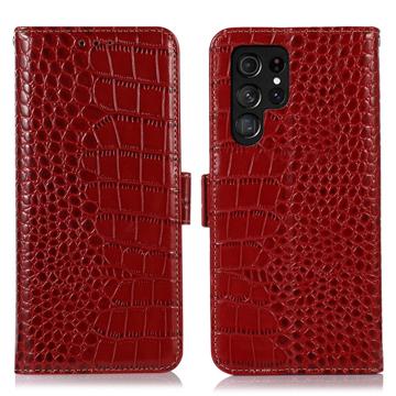Crocodile Series Samsung Galaxy S23 Ultra 5G Lommebok-deksel i Lær med RFID - Rød