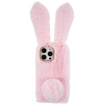 Furry Vinter Kaninører iPhone 14 Pro Deksel med Glitter - Rosa