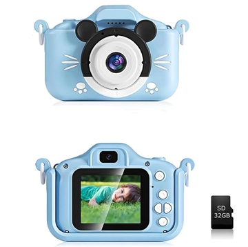 Barn Digitalkamera med 32GB Minnekort (Åpen Emballasje - Tilfredsstillende) - Blå
