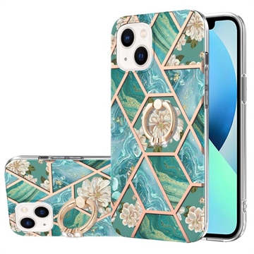 Bilde av Iphone 15 Plus Marble Pattern Imd Tpu-deksel Med Ringholder - Grønn