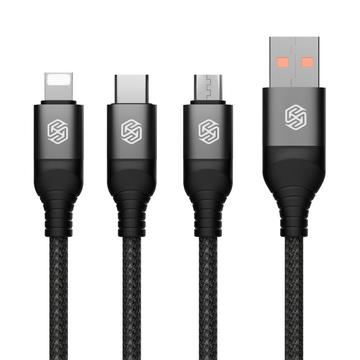 NILLKIN Swift Pro 3-i-1-kabel med nylonflettet USB til Type-C / iP / Micro ladekabel - svart