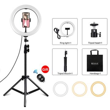 PULUZ PKT3069B 1.1m stativfeste + 10.2 26cm dimbar USB LED-ringlys med to fargetemperaturer Selfie-fotografering Video Fill Light med telefonklemme og Selfie-fjernkontroll