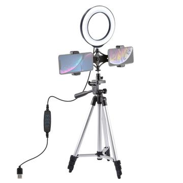 PULUZ stativfeste + dobbel telefonbrakett for direktesending + 6.2 16cm LED Ring Vlogging Video Light Kits