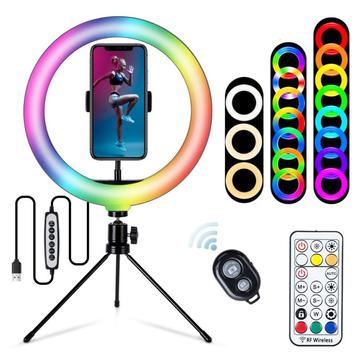 S26-RGB 10 RGB LED-ringlys for selfiefotografering med telefonholder og stativ