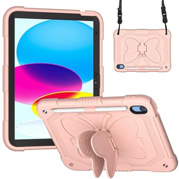 Bilde av Støtsikkert Etui Til Ipad 10.9 (2022) Butterfly Shape Kickstand Tablet Case Silicone + Pc Protective Cover With Shoulder Strap - Pink