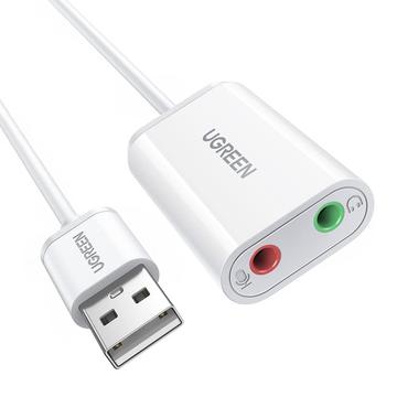UGREEN 30724 USB lydadapter eksternt stereolydkort med 3,5 mm hodetelefonmikrofonkontakt for Windows Mac Linux PC bærbar PC PS5 - Hvit