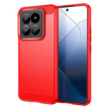 Xiaomi 14 Pro Børstet TPU Deksel - Karbonfiber - Rød