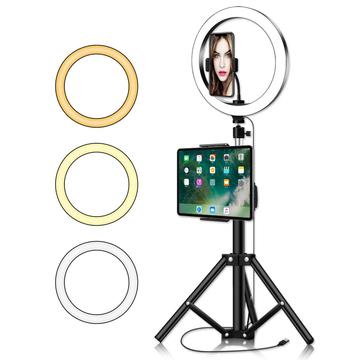 YINGNUOST 26cm dimbar LED-ringlampe ABS+PC Selfie Fill Light med 2.1m stativ for makeup og videoopptak