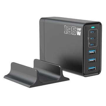 135W GaN-stasjonærlader / 6-porters høyhastighetsladestasjon - 3 x USB-C, 3 x USB-A - Svart