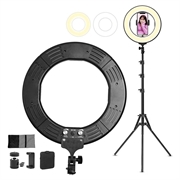 18" dimbar LED-ringlampe til skrivebord med stativ og mobilholder - svart