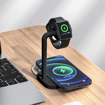 2-i-1 magnetisk trådløs skrivebordslader for trådløs hurtiglading av Apple Watch/iPhone - svart