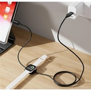 2-i-1 USB-C-ladekabel med magnetisk trådløs lader for Apple Watch - 1.2m, 100W - Svart