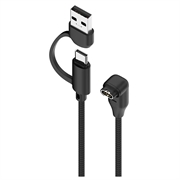 2-i-1 flettet, vinklet ladekabel med USB-C/USB-A for Garmin-smartklokker - 1m