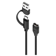 2-i-1 flettet, rett ladekabel med USB-C/USB-A-kontakter til Garmin-smartklokker - 1m