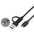 2-i-1 flettet, rett ladekabel med USB-C/USB-A-kontakter til Garmin-smartklokker - 1m