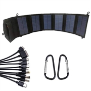 20W sammenleggbar solcellelader med to USB-porter og 10-i-1-ladekabel - svart