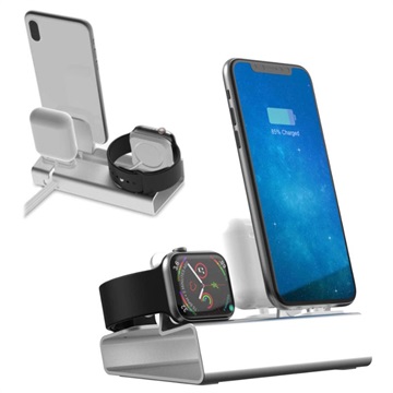 3-in-1 Aluminum Alloy Dockingstasjon - iPhone, Apple Watch, AirPods - Sølv