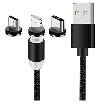 3-i-1 LED Magnetic Kabel - Lightning, USB-C, MicroUSB - 1m - Svart