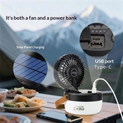 3-i-1 solcelledrevet campingvifte med lys og 3000mAh powerbank - svart