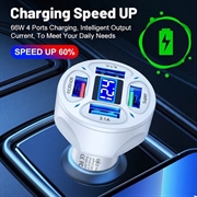 4-ports USB-billader med digital spenningsvisning - hvit