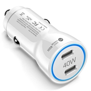 40 W dobbel USB-C PD hurtiglader for bil med LED-lysring - hvit