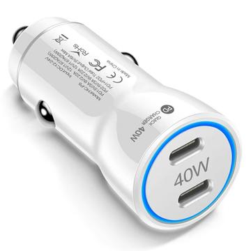 40 W dobbel USB-C PD hurtiglader for bil med LED-lysring - hvit