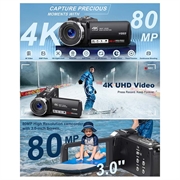 4K Ultra HD digitalt videokamera med fjernkontroll - 80MP, 18X Digital Zoom - svart