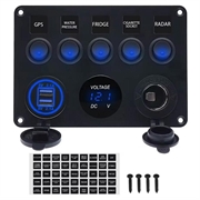 5-veis bryterpanel med voltmeter, USB-lader og sigarettenneruttak for bobiler, båter og fritidsbåter