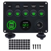 5-veis bryterpanel med voltmeter, USB-lader og sigarettenneruttak for bobiler, båter og fritidsbåter - grønn