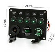 5-veis bryterpanel med voltmeter, USB-lader og sigarettenneruttak for bobiler, båter og fritidsbåter - grønn