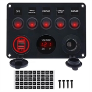 5-veis bryterpanel med voltmeter, USB-lader og sigarettenneruttak for bobiler, båter og fritidsbåter - rød